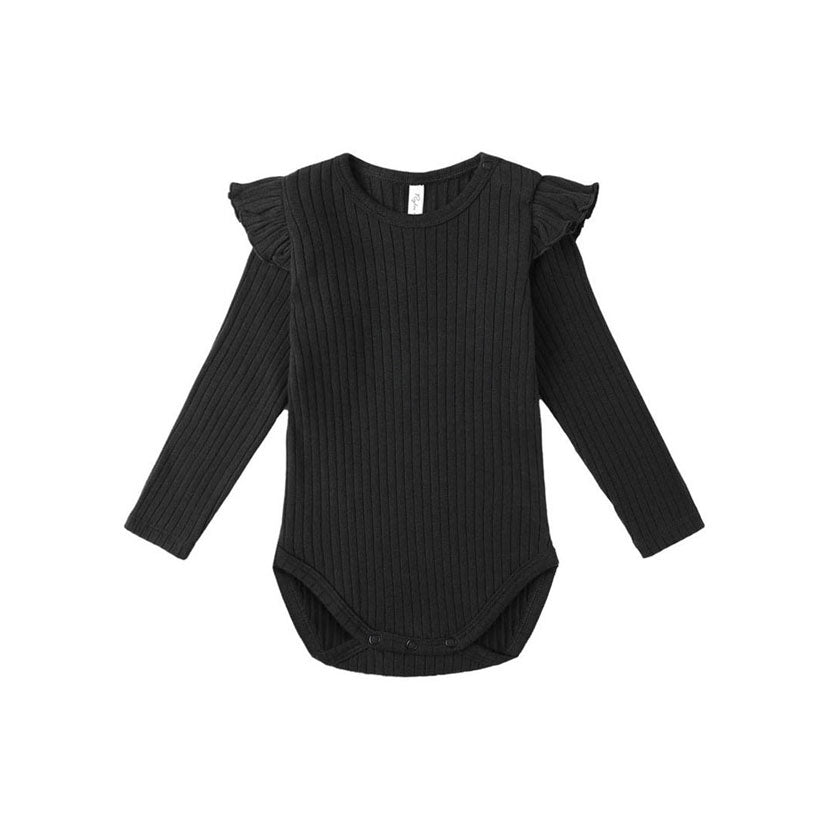 Rylee and Cru Black Shoulder Ruffle Bodysuit