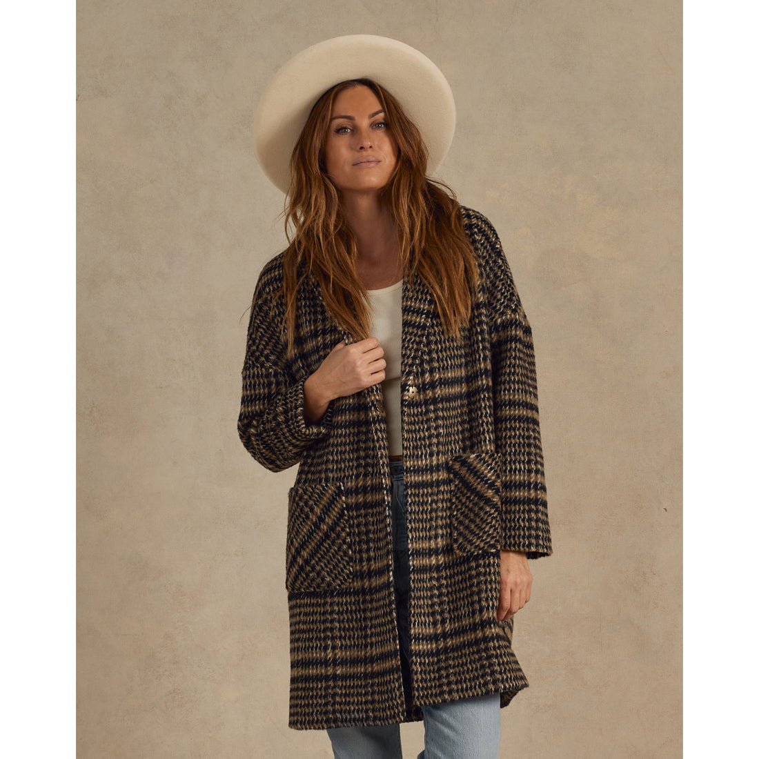 Rylee and Cru Brown Houndstooth Longline Coat