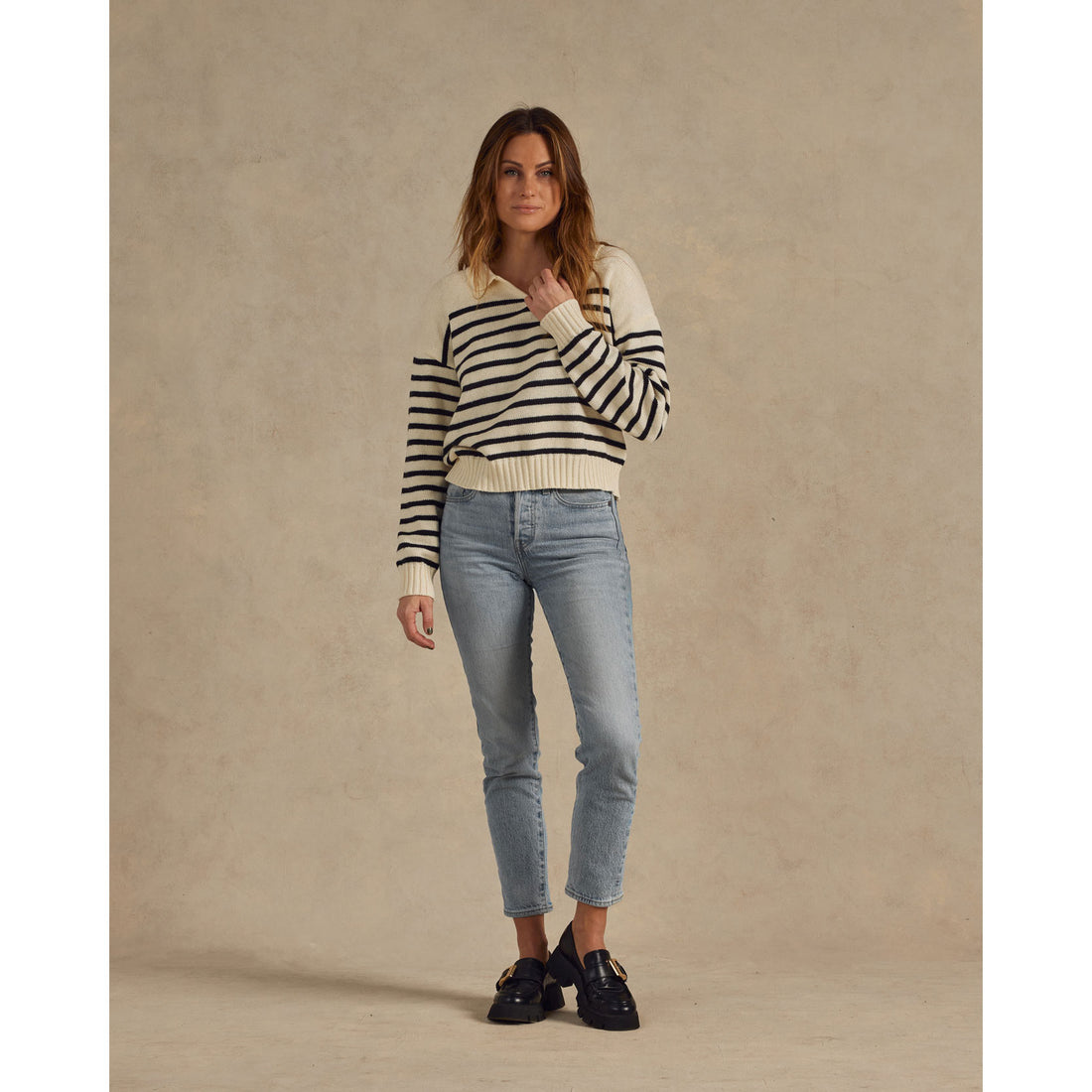 Rylee and Cru Black Stripe Collared Sweater