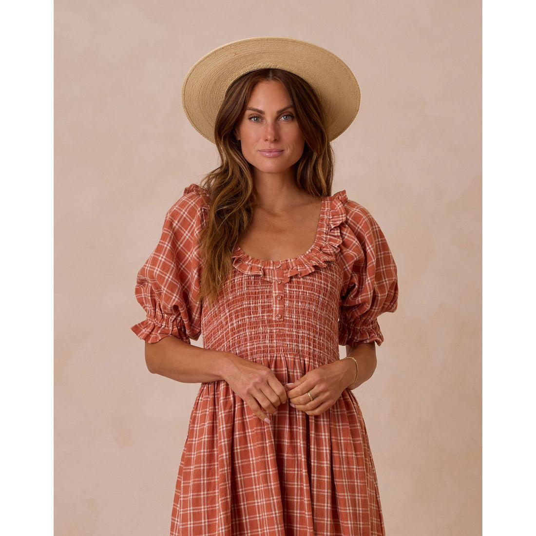 rylee and cru orange dress Del Mar checked linen-blend dress in orange - Rylee Cru
