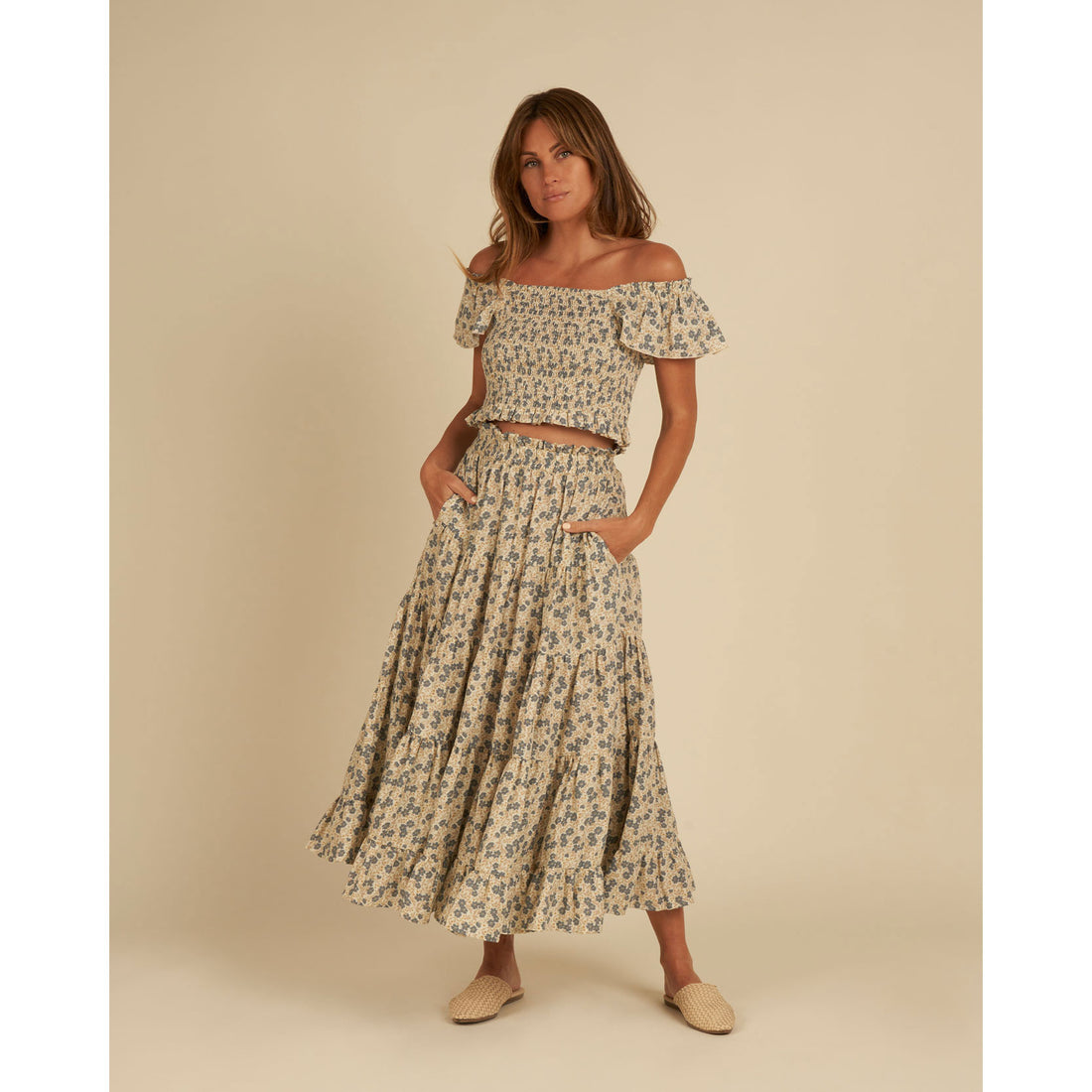 Rylee and Cru Blue Ditsy Womens Ruffle Tiered Maxi Skirt