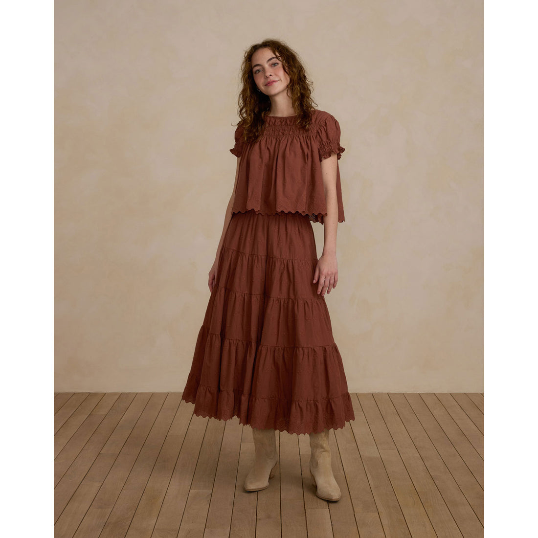 Rylee and Cru Brick Ruffle Tiered Midi Women Skirt