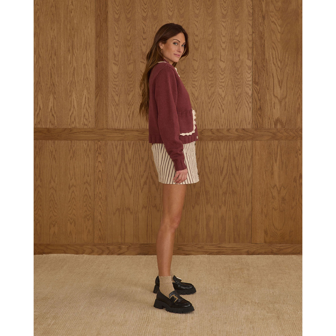 Rylee and Cru Burgundy Women Collared Cardigan
