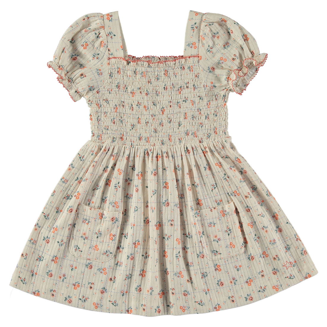 Tocoto Vintage Off White Floral/ Checked Print Smocked Dress