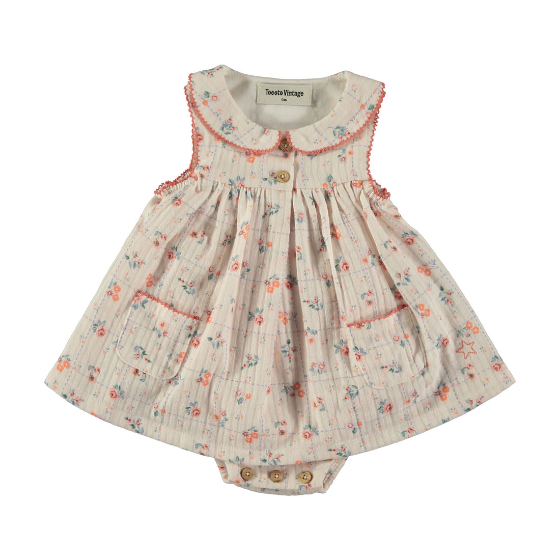 Tocoto Vintage Off White Floral/ Check Printed Baby Body Dress