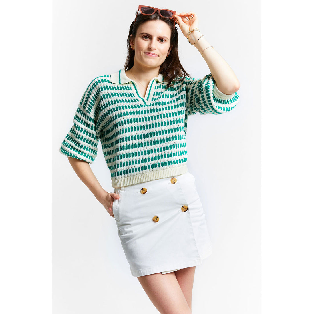 Indee Off White Bicolor Polo Pullover