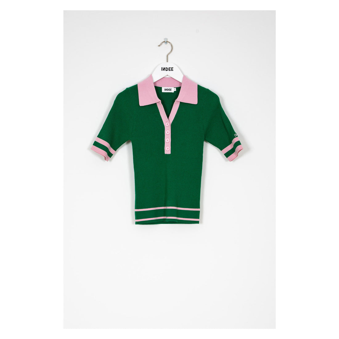 Indee Green Ribbed Bicolor V-neck Polo