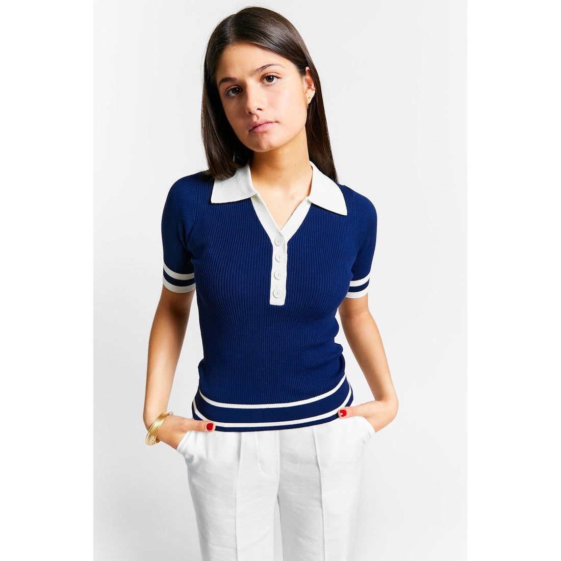 Indee Navy Ribbed Bicolor V-neck Polo