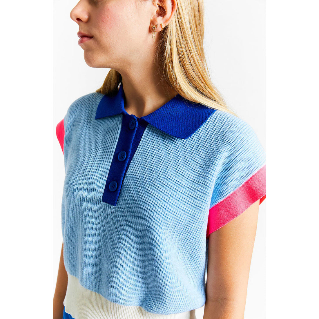 Indee Blue Tricolor Sleeve Knit Polo