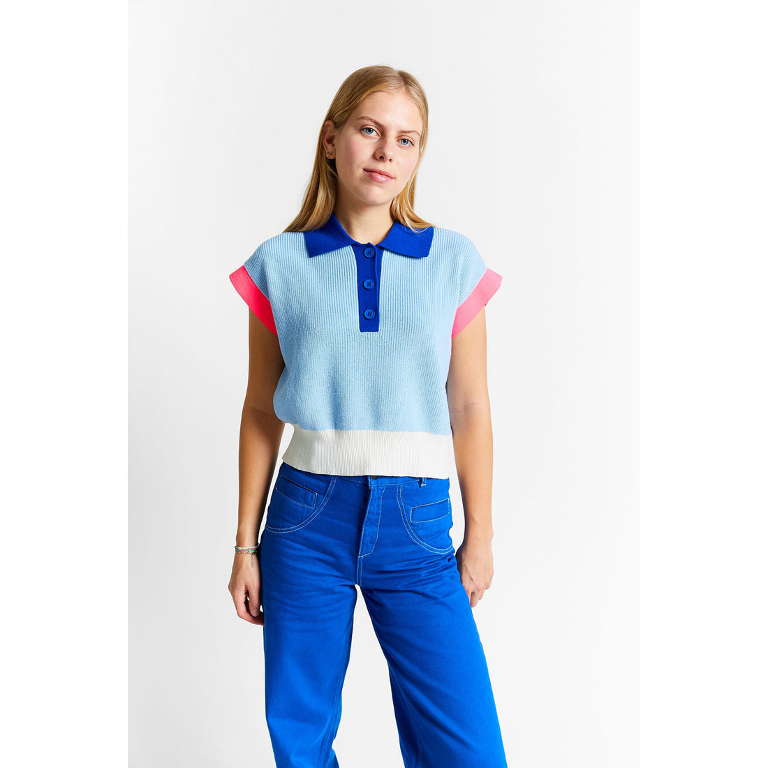 Indee Blue Tricolor Sleeve Knit Polo