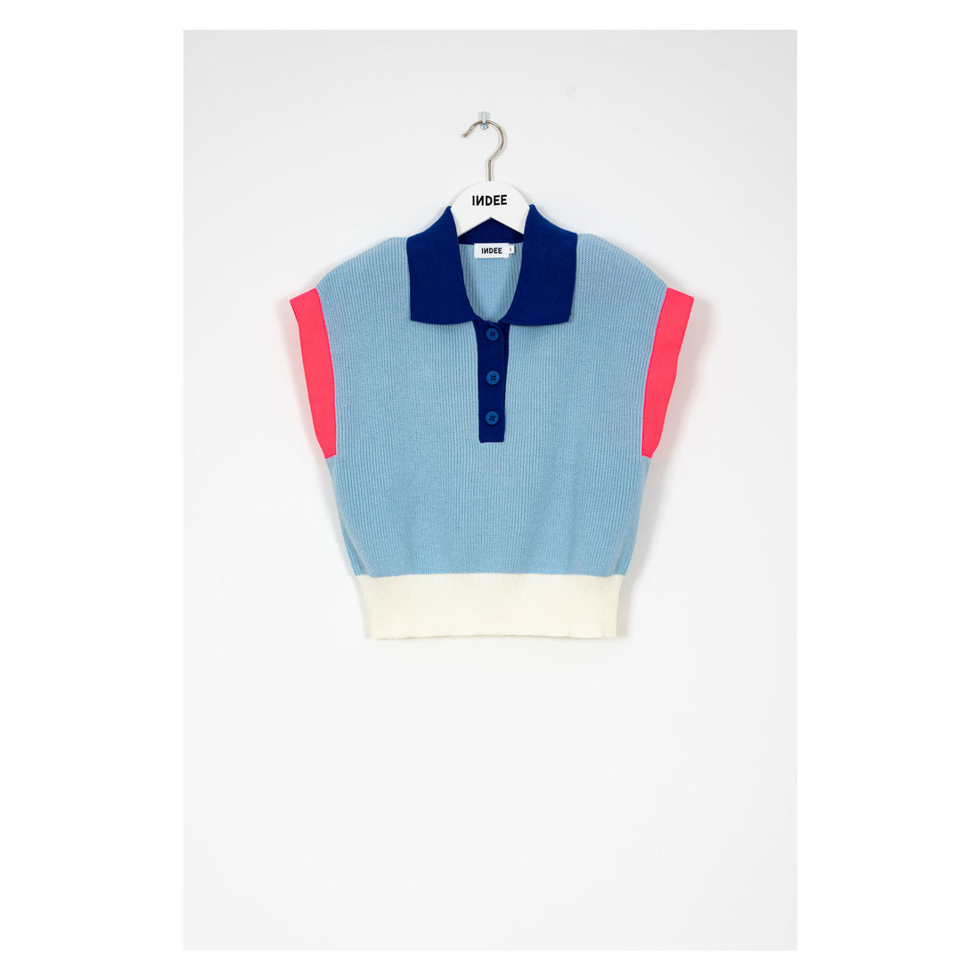 Indee Blue Tricolor Sleeve Knit Polo