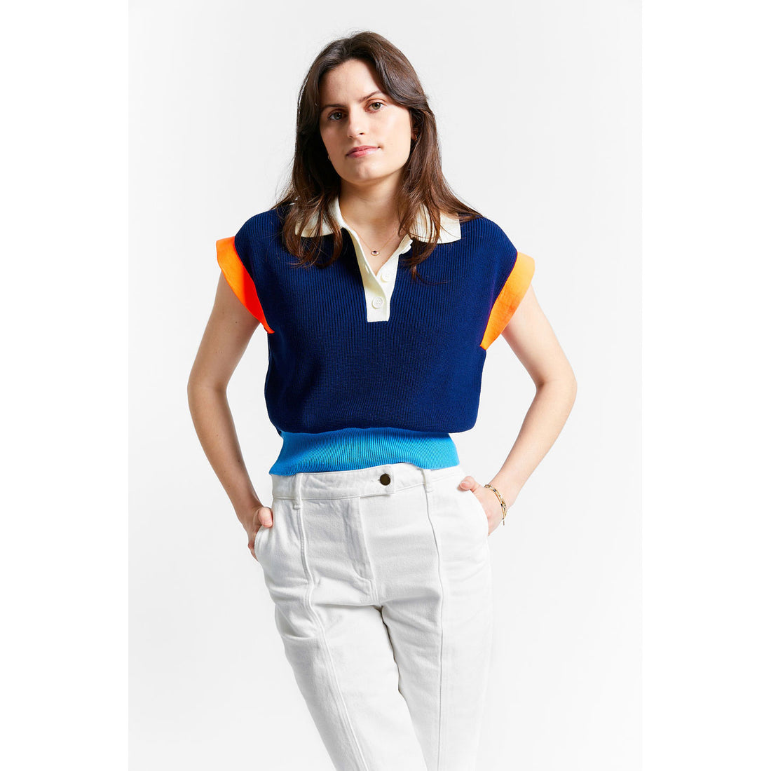 Indee Navy Tricolor Sleeve Knit Polo