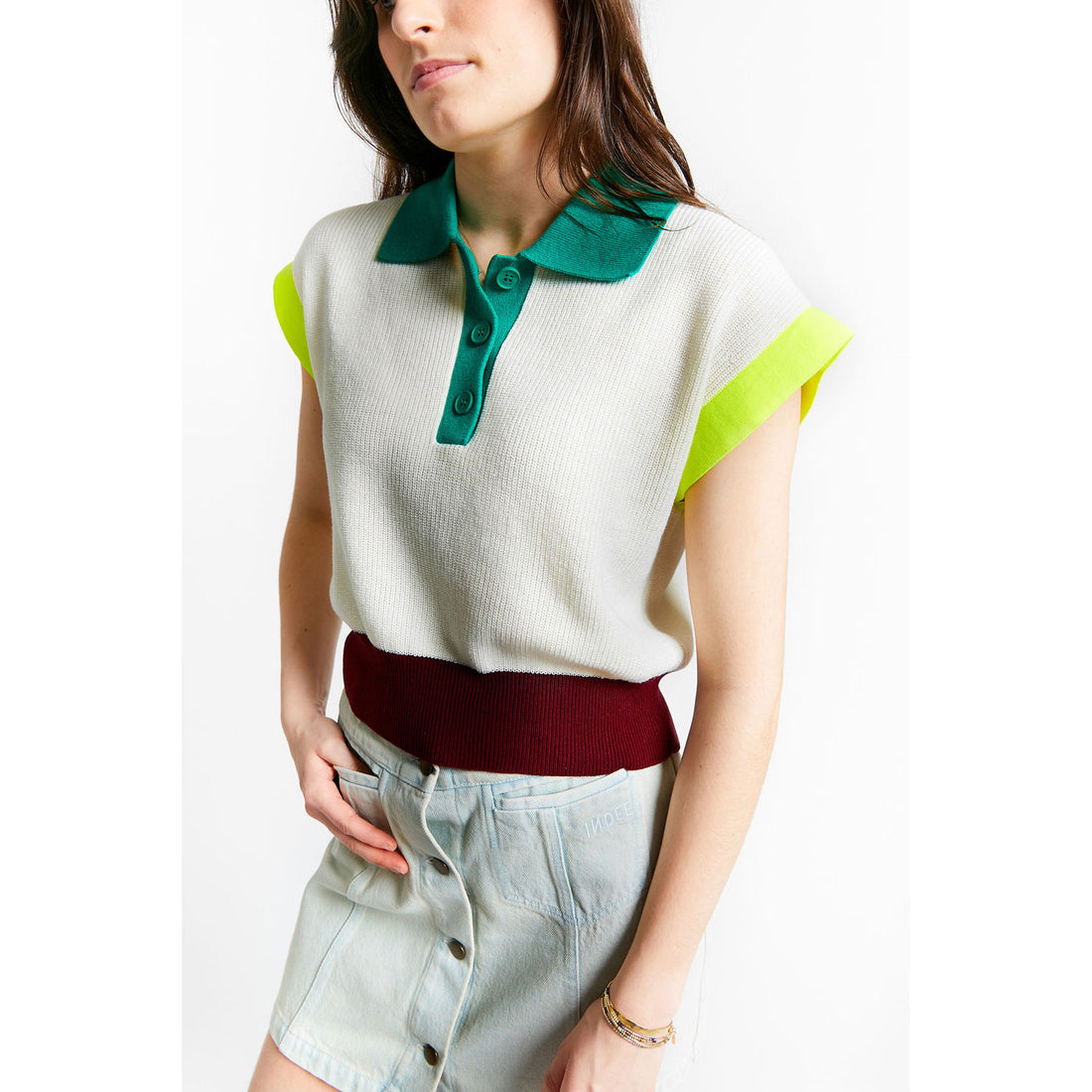 Indee Off White Tricolor Sleeve Knit Polo