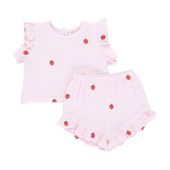 Pink Chicken Strawberry Embroidery Baby Roey 2 Piece Set