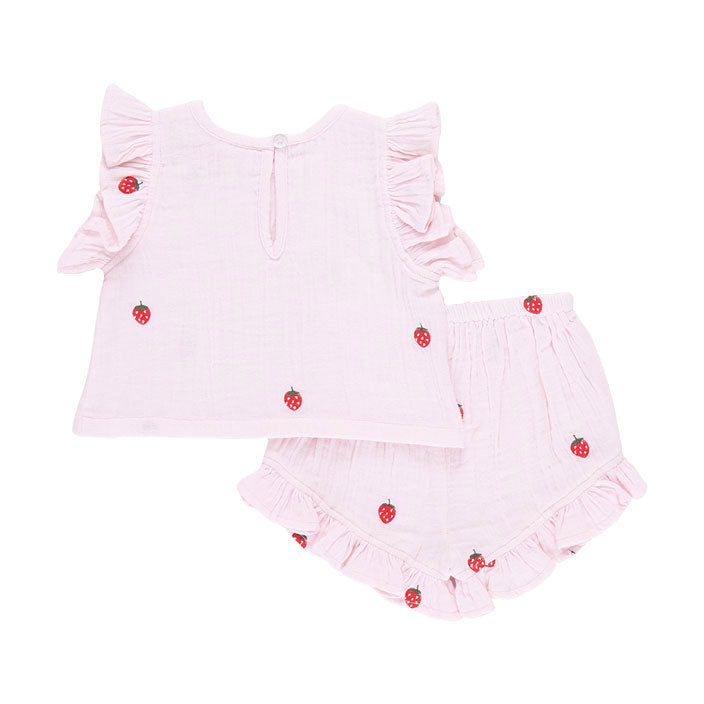 Pink Chicken Strawberry Embroidery Baby Roey 2 Piece Set