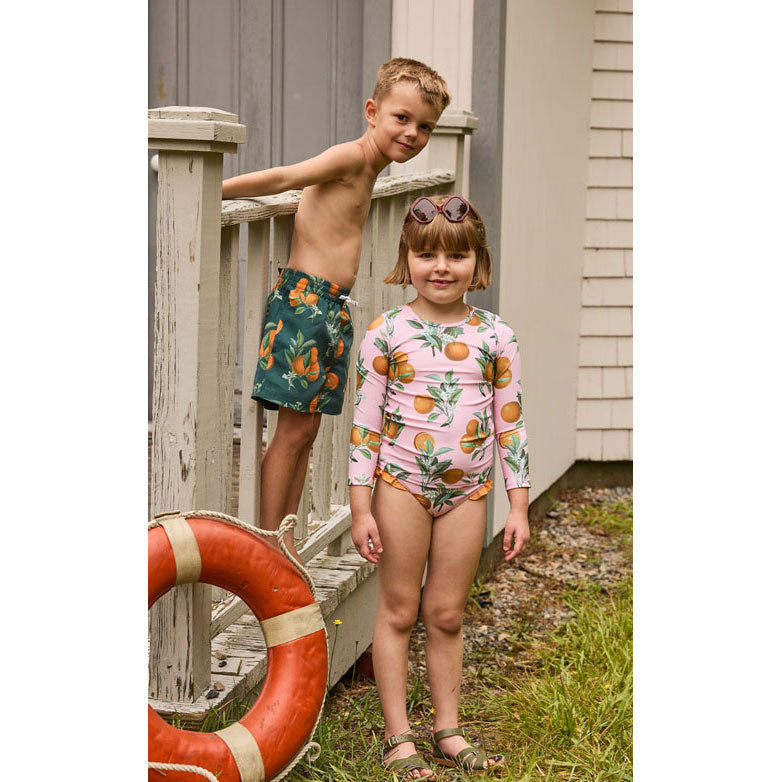 Pink Chicken Green Botanical Oranges Swim Trunk