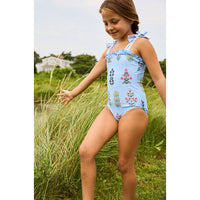 Pink Chicken Blue Bell Field Floral Hero Suit