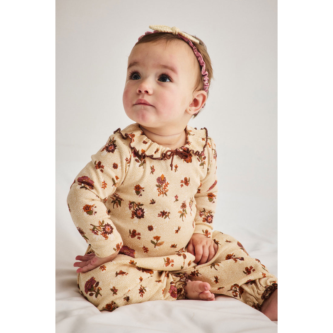 Misha and Puff String/Antique Rose Holyoke Floral Baby Pierrot Onesie