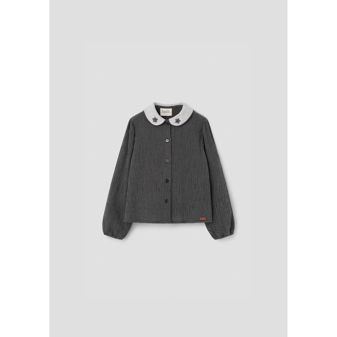 Popelin Black Gingham Embroidered Collar Blouse