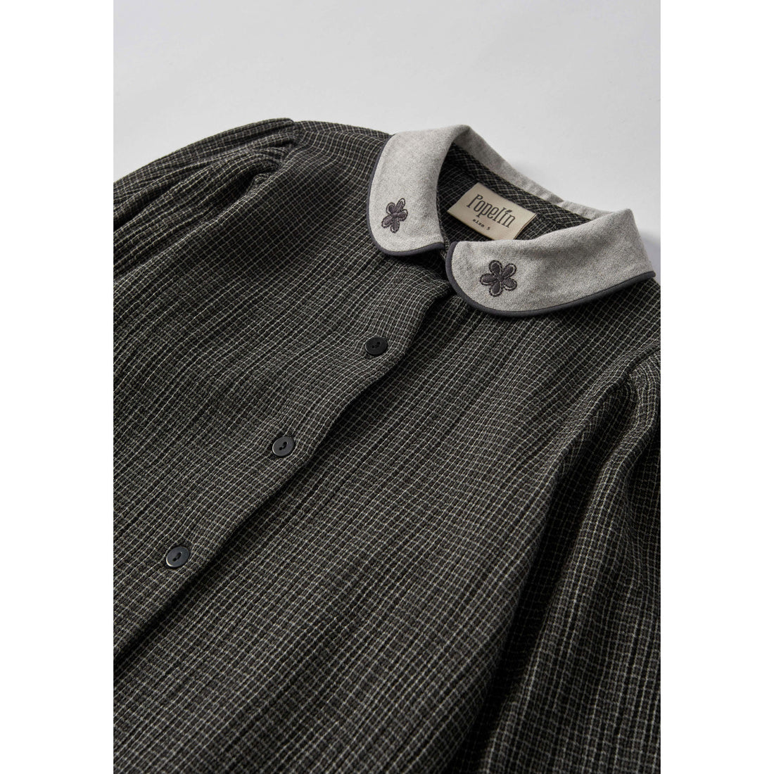 Popelin Black Gingham Embroidered Collar Blouse