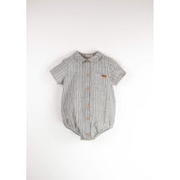 Popelin  Embroidered Striped Shirt Collar Romper