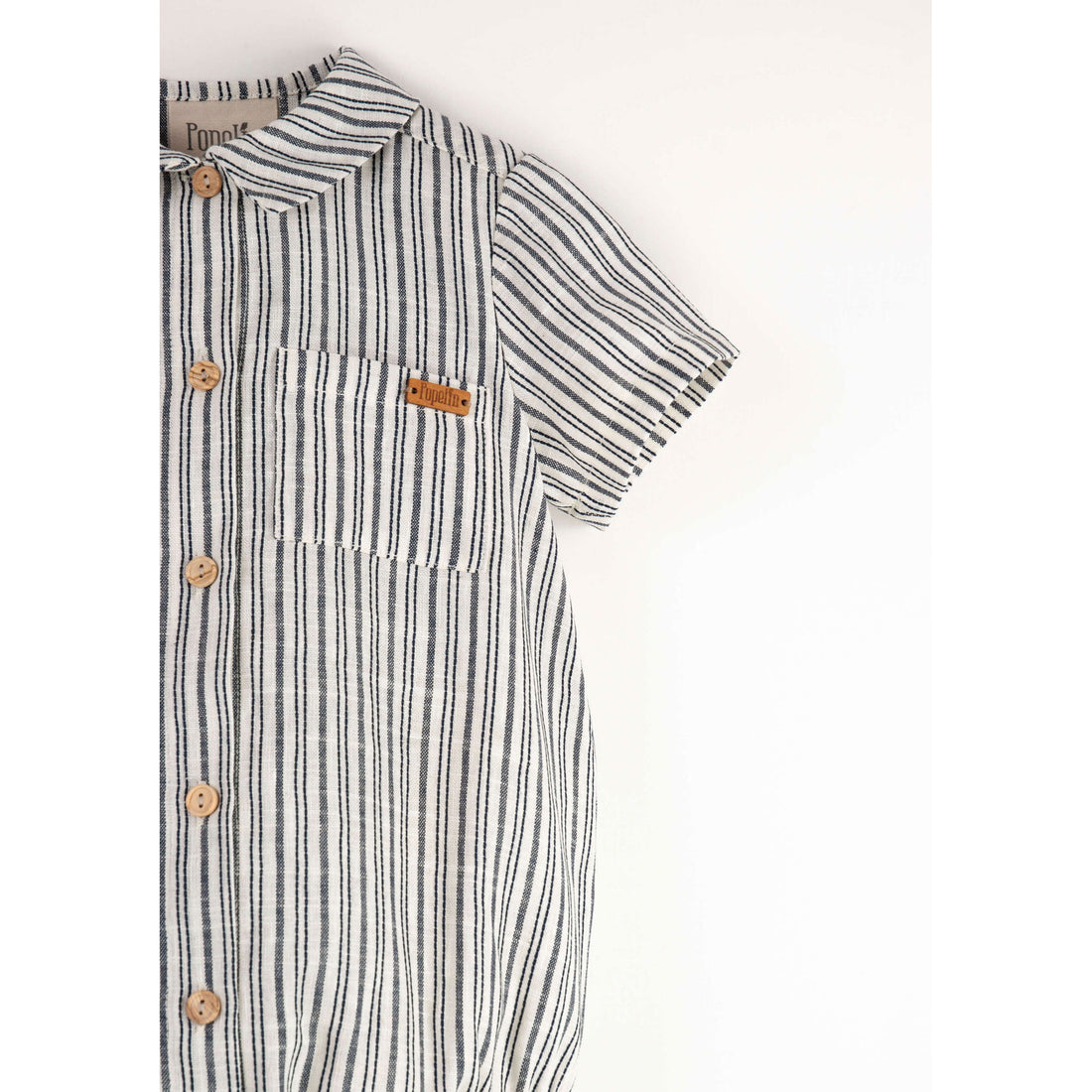Popelin  Embroidered Striped Shirt Collar Romper