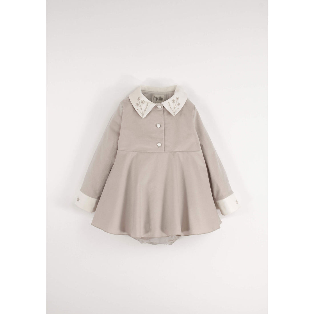 Popelin Beige Velvet Embroidered Collar Romper