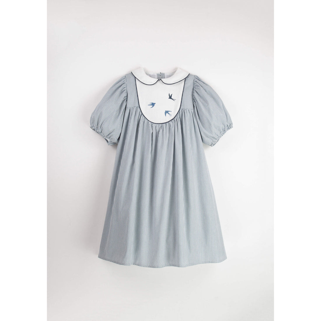 Popelin Blue Stripe Embroidered Yoke Dress