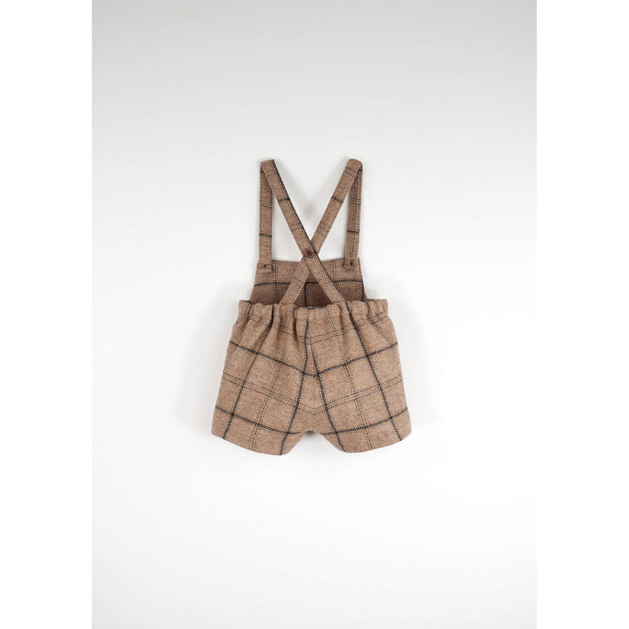 Popelin Beige Plaid Wool Suspender Shorts