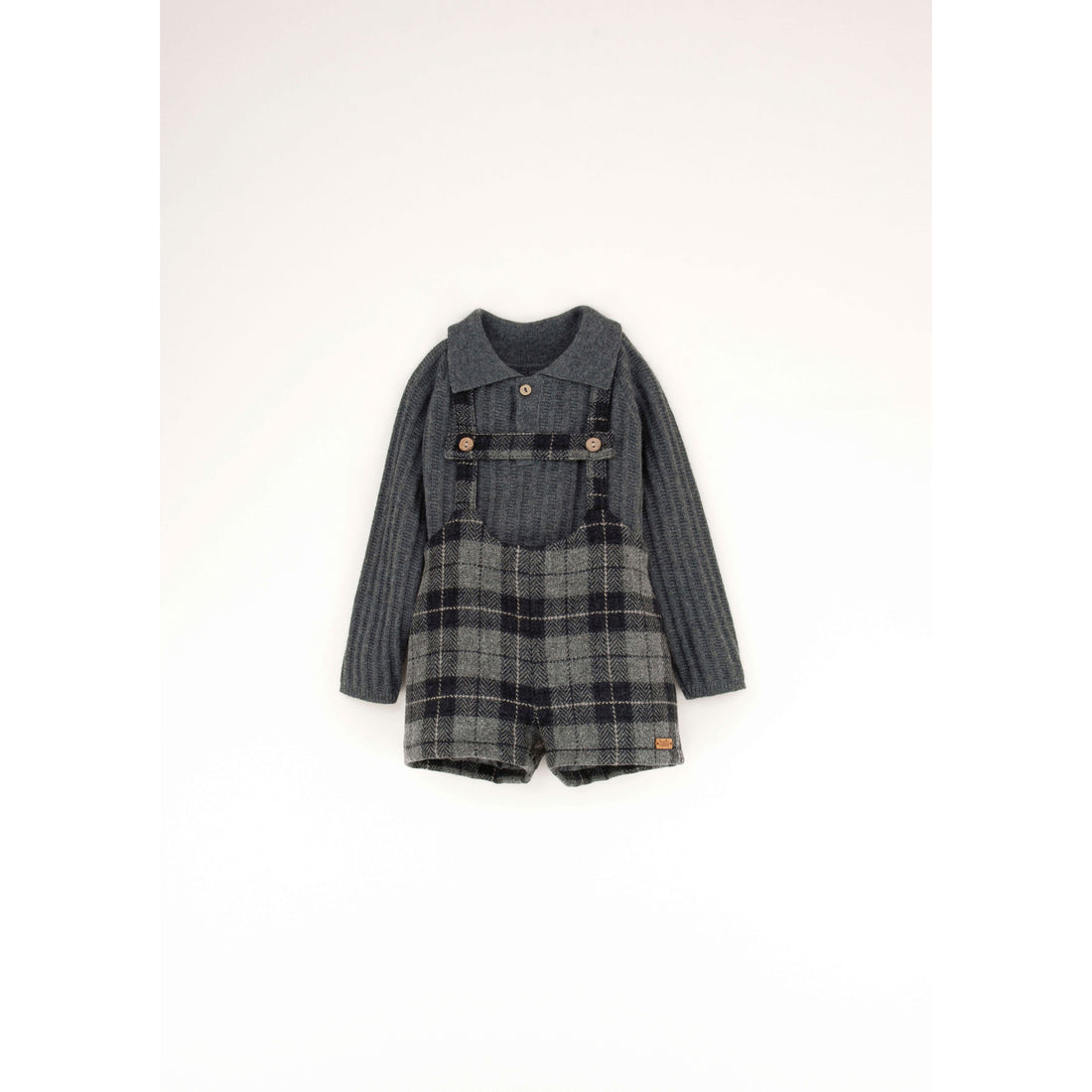 Popelin Grey Check Woollen Short Dungarees