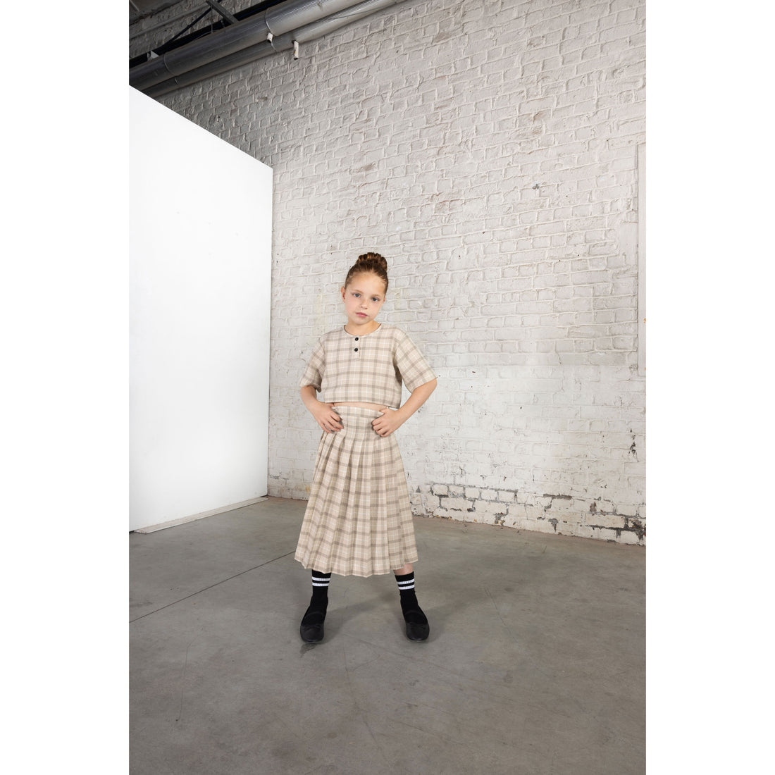 tntrm Beige Check Seersucker Pleated Skirt