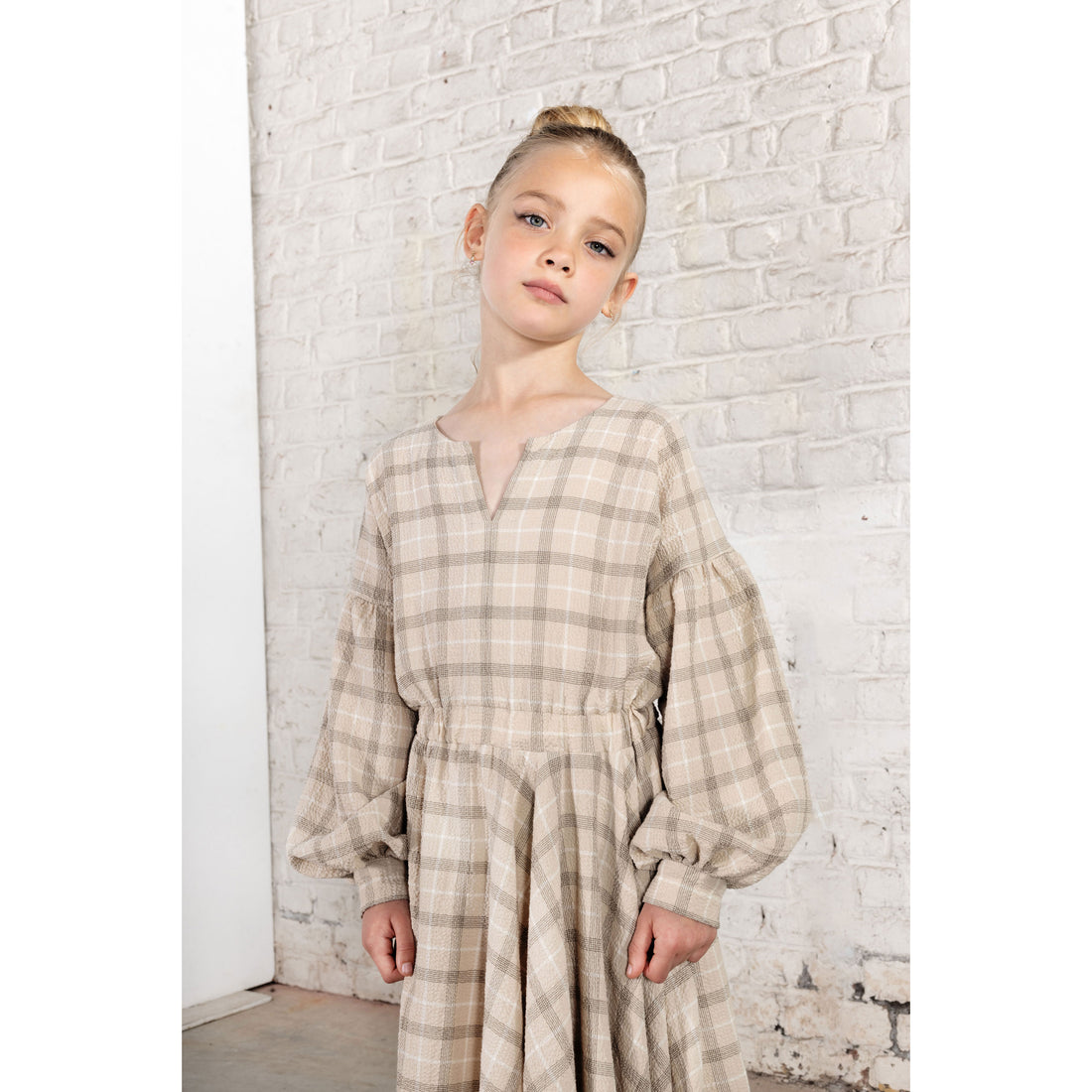 tntrm Beige Check Seersucker Drama Dress