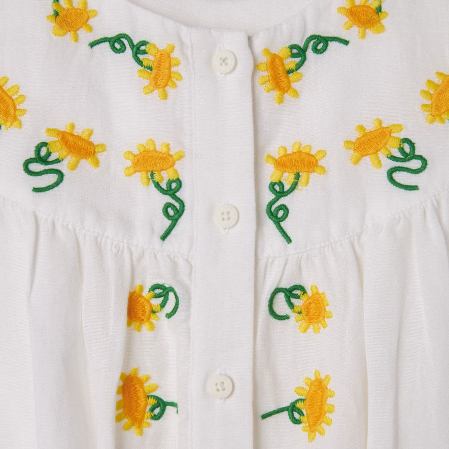 Stella Mccartney White Sunflowers Embroidered Linen Dress