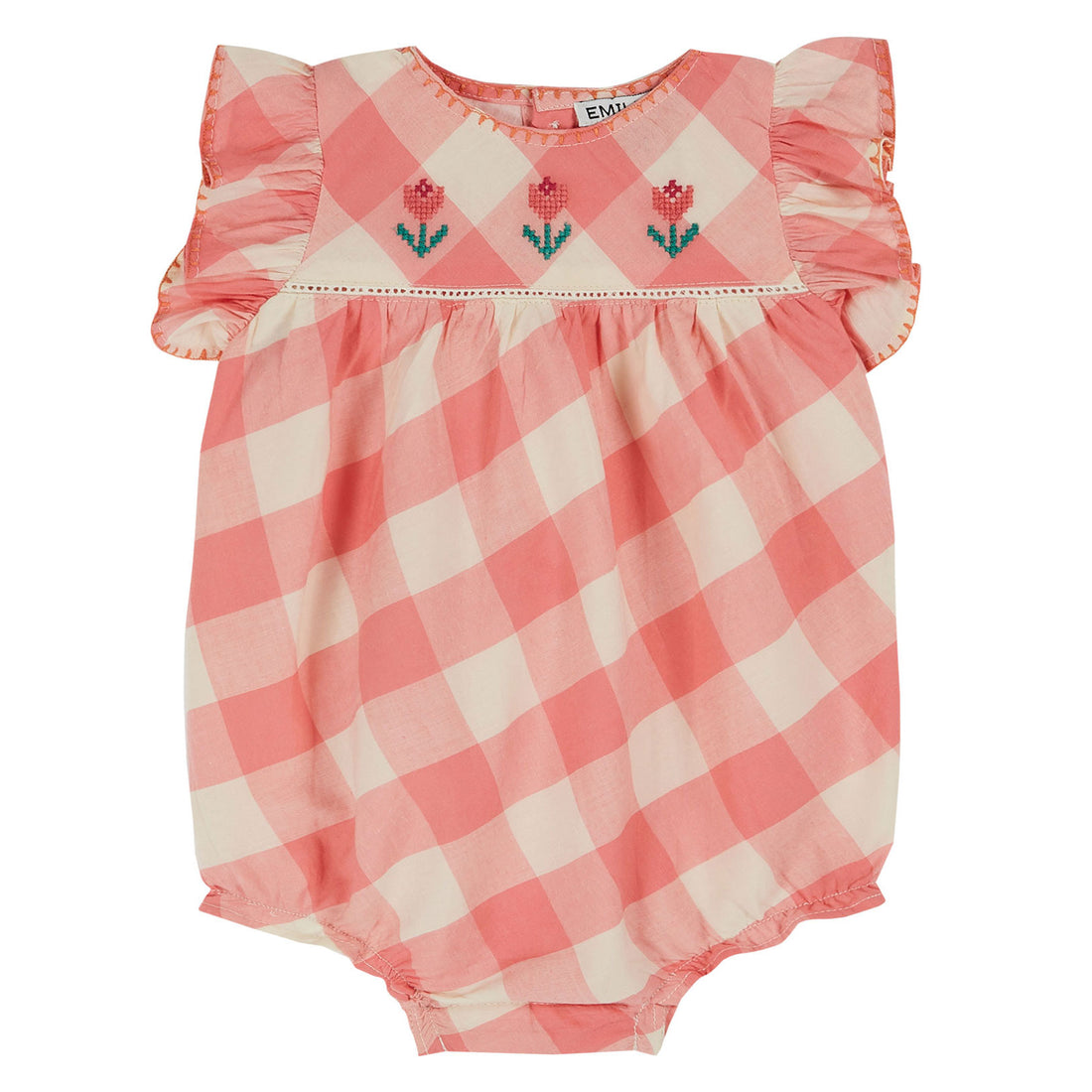 Emile et Ida Pink Gingham Embroidered Romper