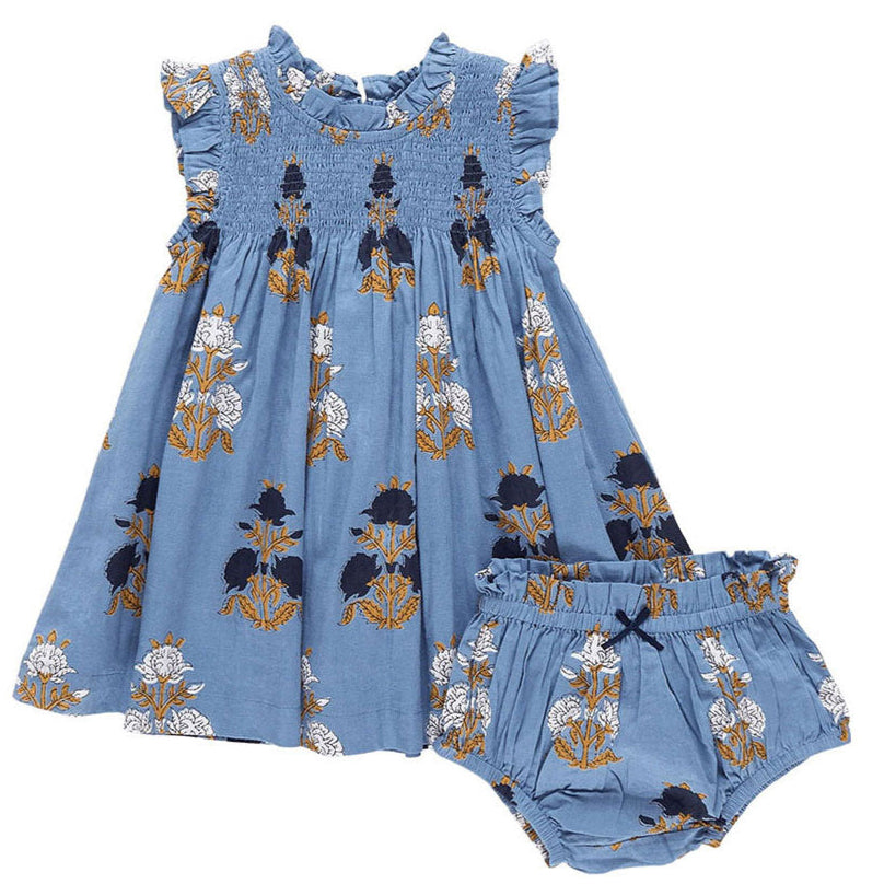 Pink Chicken Blue Flowerette Baby Stevie Dress Set