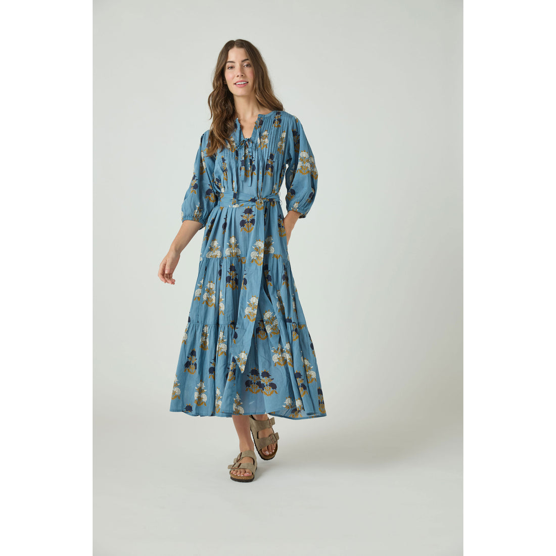 Pink Chicken Blue Flowerette Womens Pintuck Indira Dress