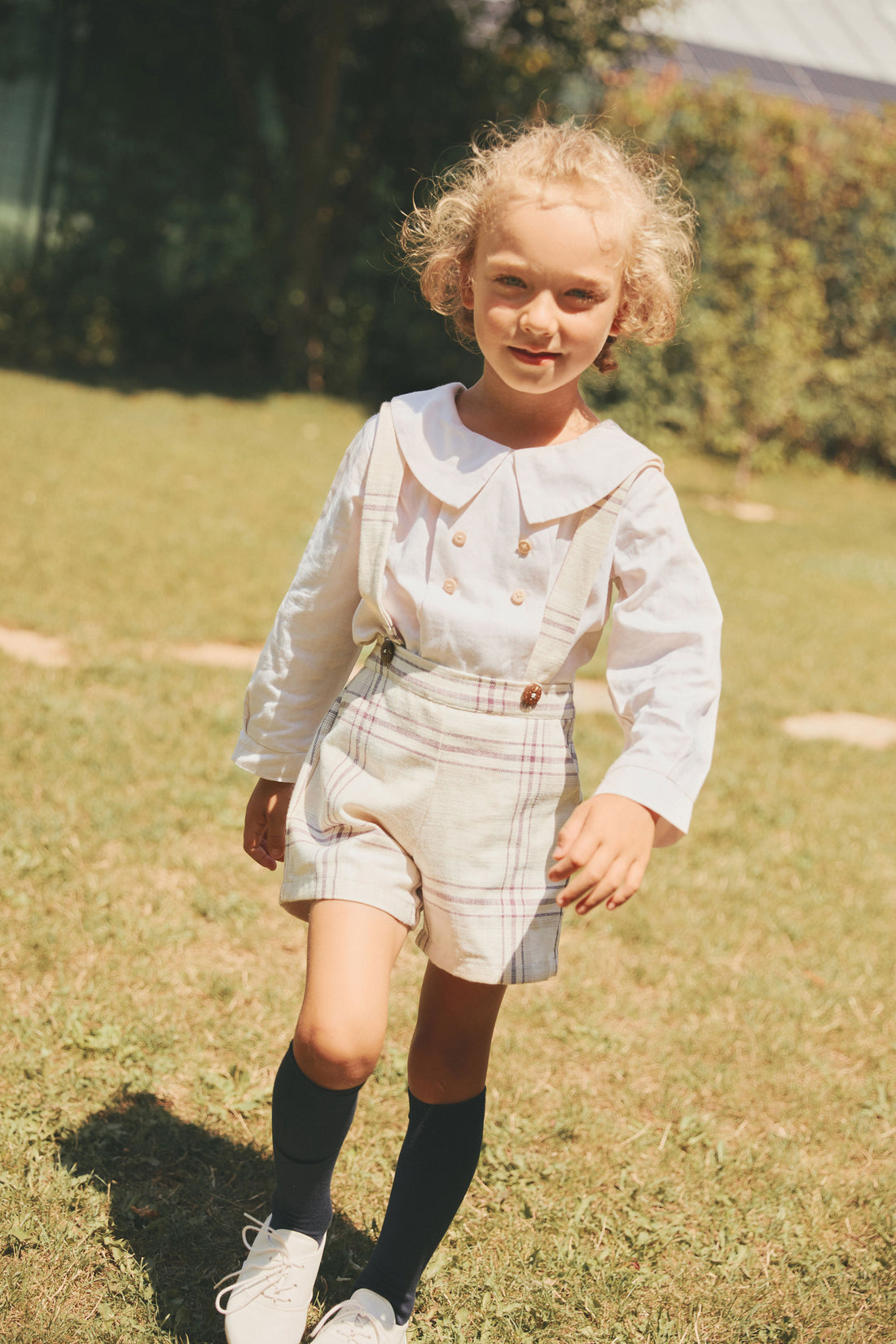 Pernille Beige/Burgundy Plaid Suspender Shorts