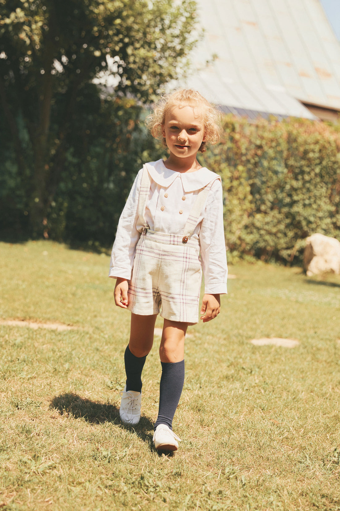 Pernille Beige/Burgundy Plaid Suspender Shorts