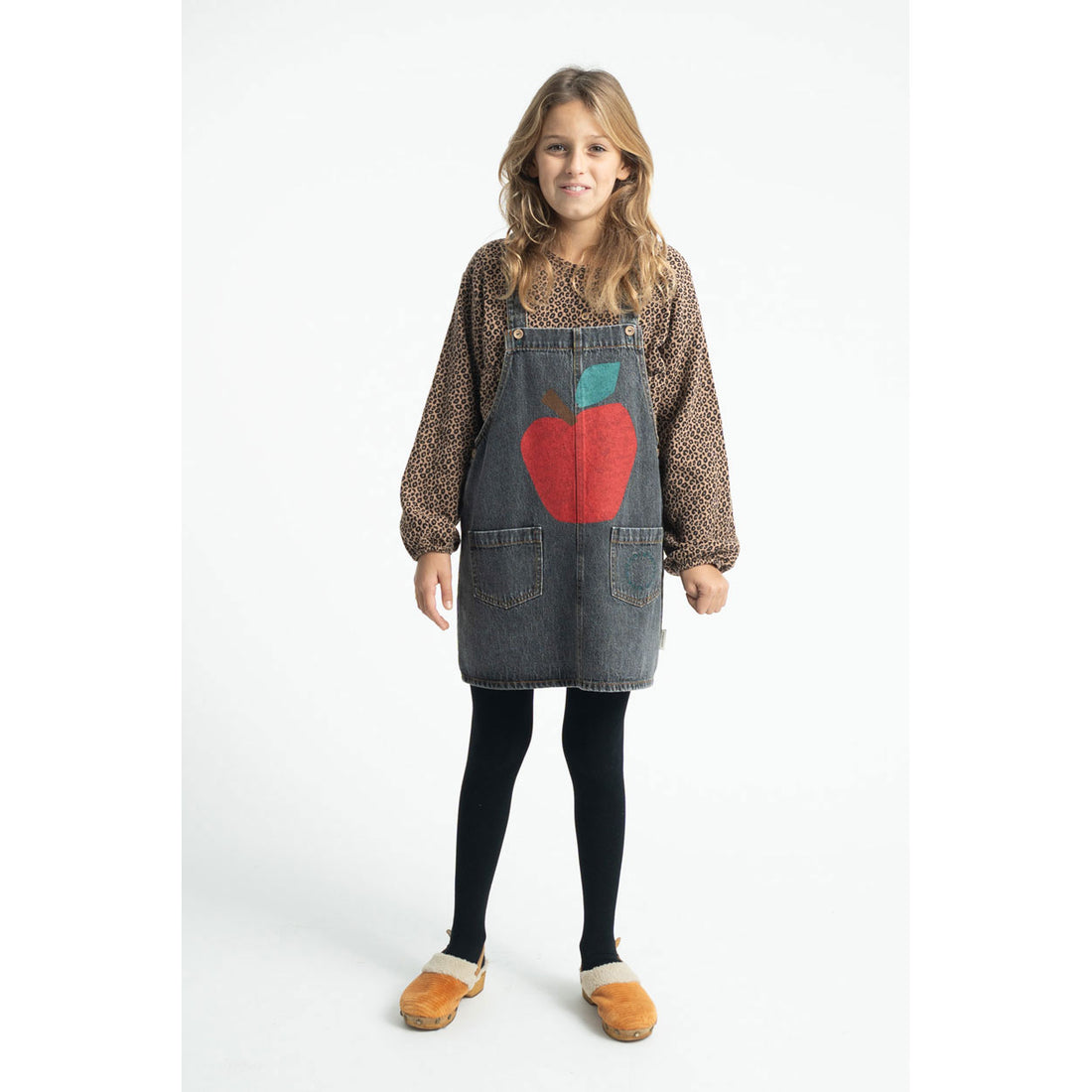 Piupiuchick Washed Black Denim Apple Print Short Dress
