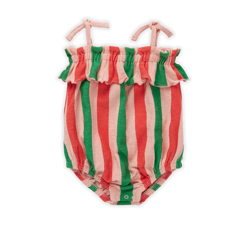 Sproet and Sprout Coral Romper- Ruffle Stripe