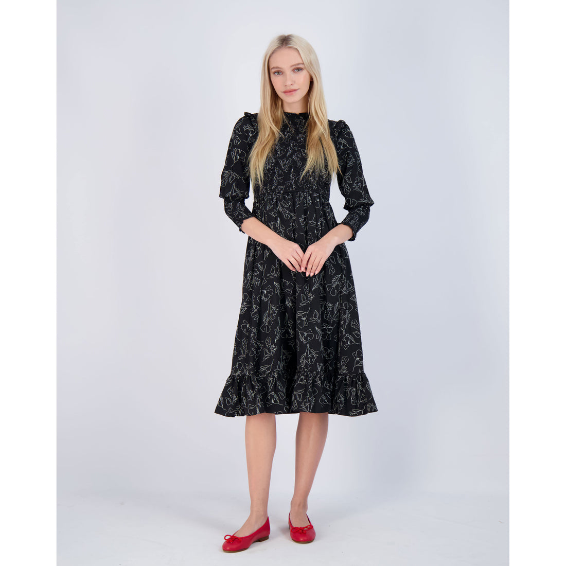 Ava and Lu Black Flower Sketch Smocked Dress