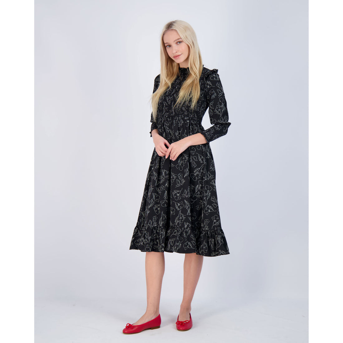 Ava and Lu Black Flower Sketch Smocked Dress