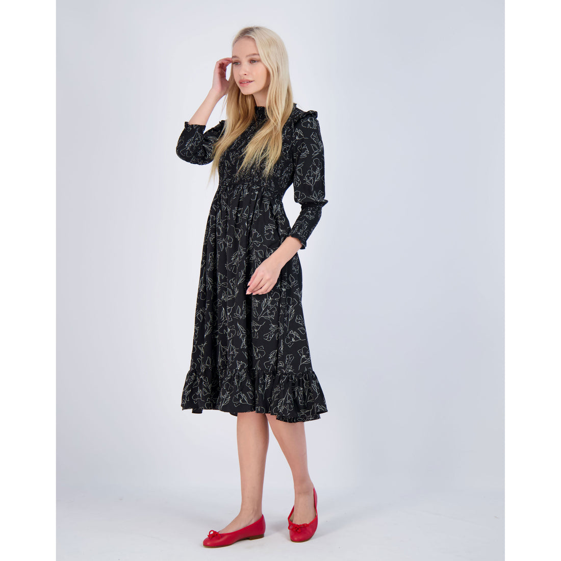 Ava and Lu Black Flower Sketch Smocked Dress