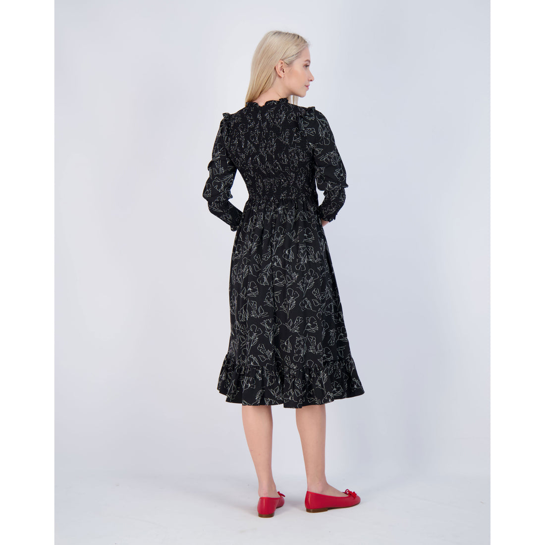 Ava and Lu Black Flower Sketch Smocked Dress