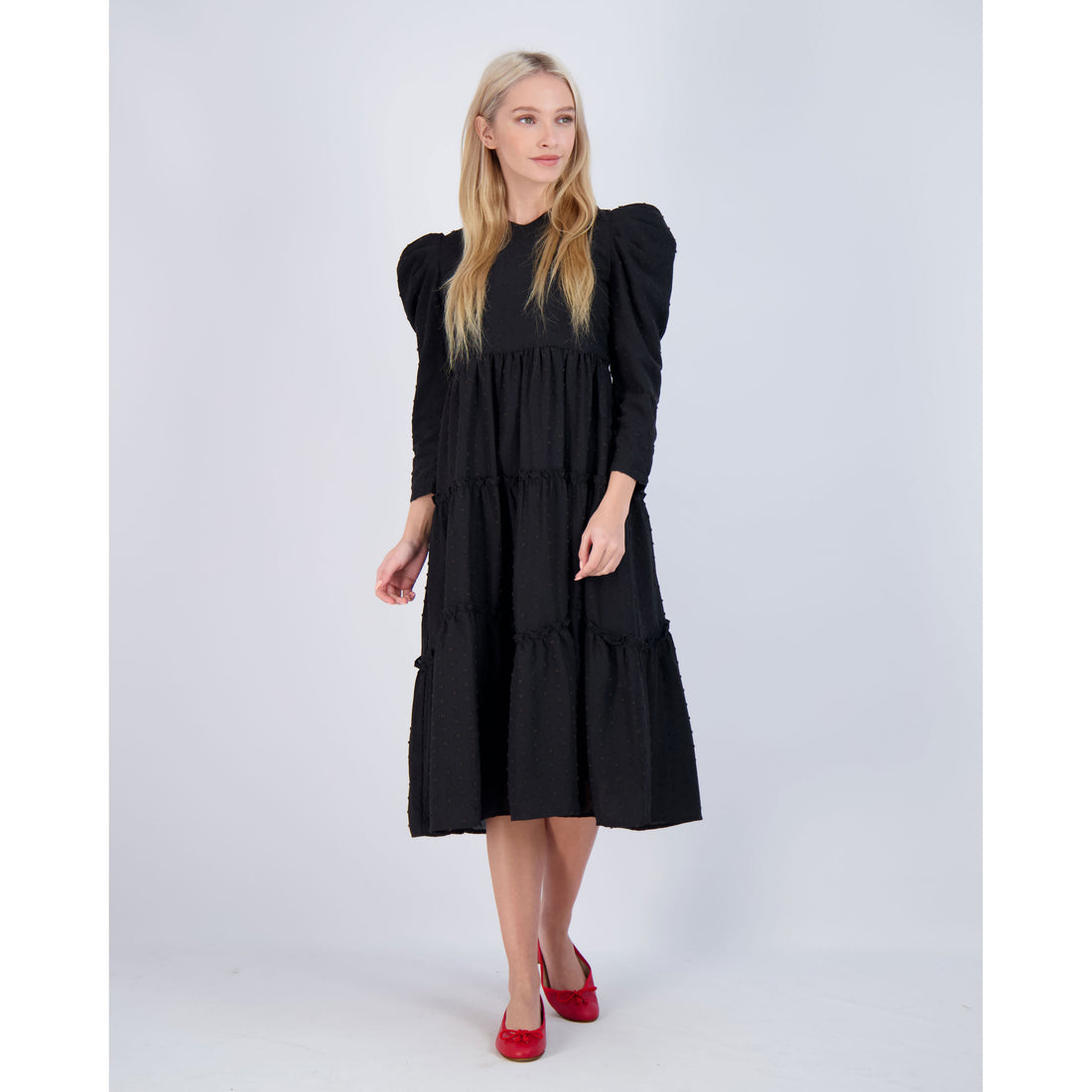 black swiss dot midi dress Ava and Lu Black Swiss Dot Tiered Midi Dress – Ladida