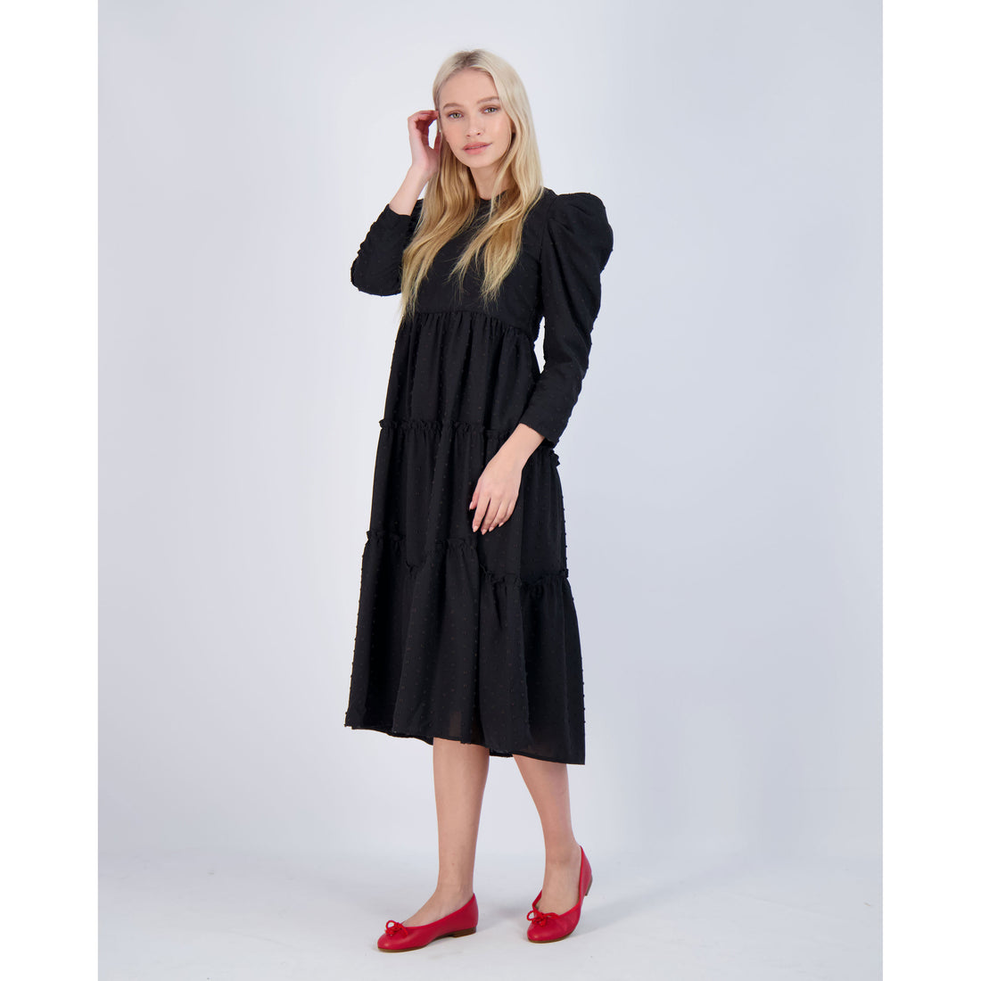 Ava and Lu Black Swiss Dot Tiered Midi Dress
