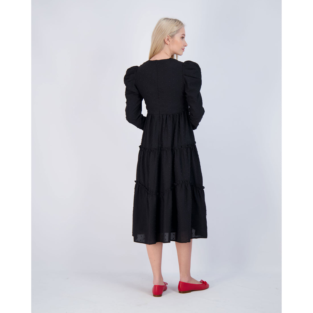 Ava and Lu Black Swiss Dot Tiered Midi Dress
