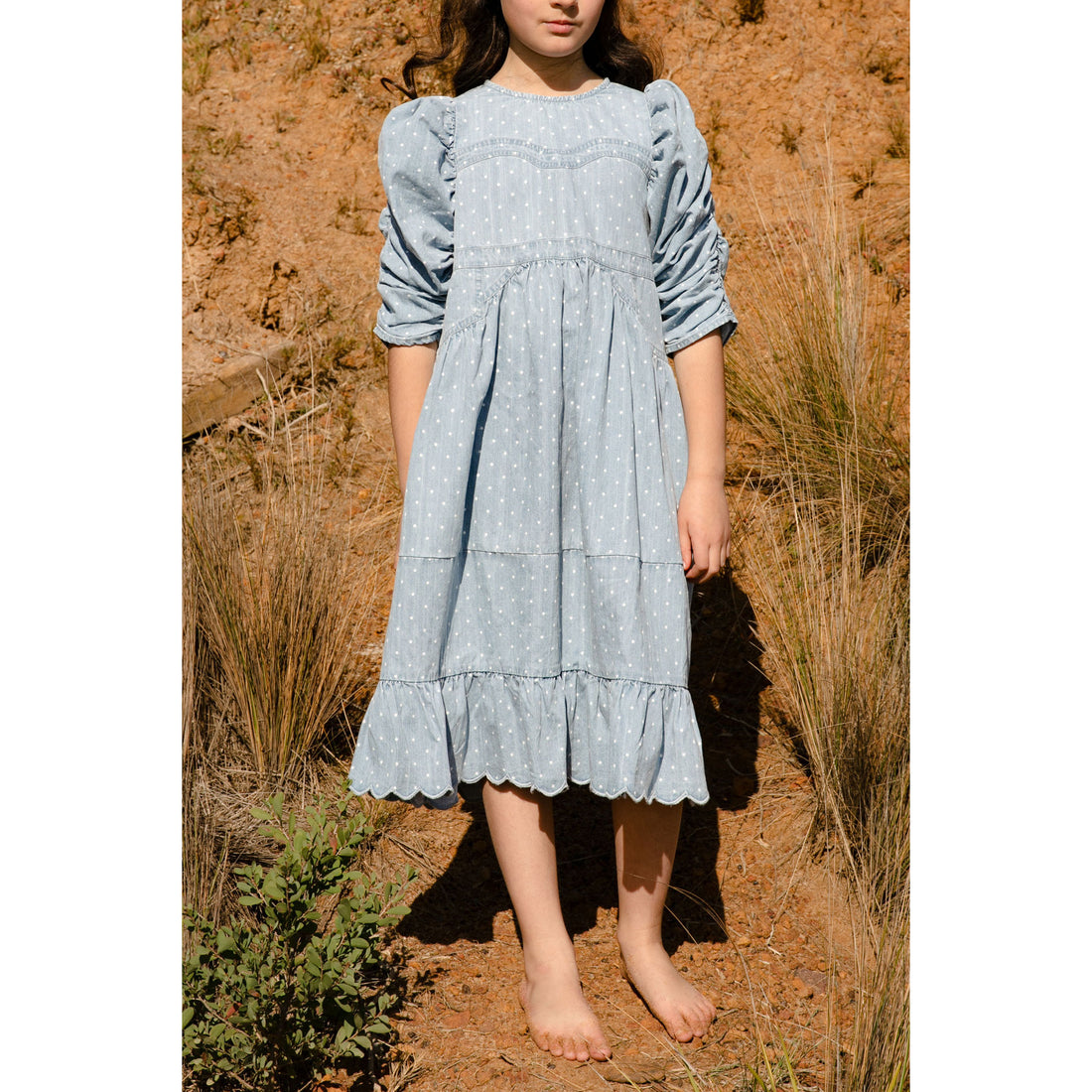 Steph Spotty Chambray Gathered Sleeve Dress