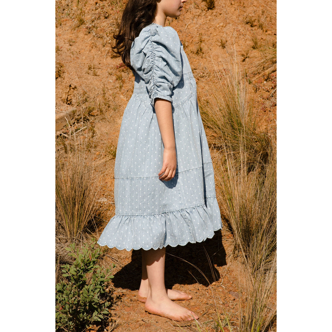 Steph Spotty Chambray Gathered Sleeve Dress