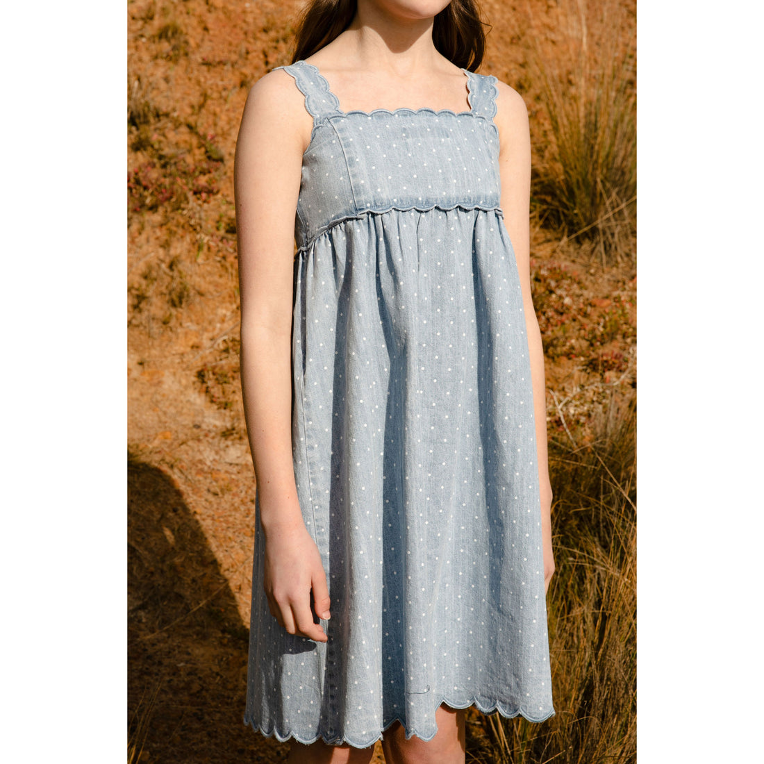 Steph Spotty Chambray Scallop Dress
